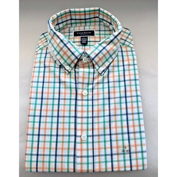 Club Room Men Plaid Dress Shirt Button Down Stretch White Orange Navy Size Large - Picture 2 of 4